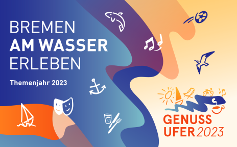 Mehrfarbige Grafik, auf der steht "Bremen am Wasser erleben, Themenjahr 2023" und das Genussufer-Logo zu sehen ist.