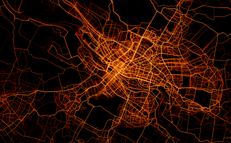 Die Heatmap von Bremen zeigt welche Strecken in welcher Intensität von Fahrradfahrenden genutzt werden. Je stärker eine Strecke befahren ist, umso heller wird sie dargestellt.