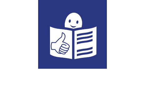 Das Logo der Leichten Sprache: Weiße Grafik auf blauem Grund. Ein Männchen liest in einem Buch. 