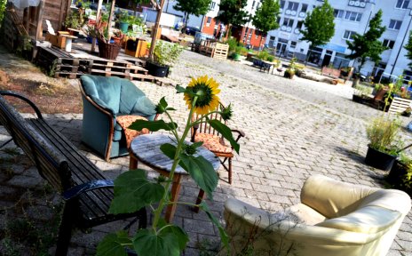 Sitzgruppe mit Sesseln und einer Bank im urbanen Garten 'Lucie' in der Neustadt