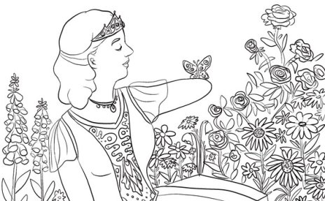 Ausschnitt eines Ausmalbildes der Bremer Künstlerin Lui Kohlmann. Die Zeichnung zeigt eine Prinzessin mit einem halben Arm, auf dem ein Schmetterling sitzt.
