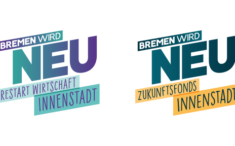 Logos mit dem Schriftzug "Zukunftsfonds Innenstadt" und "Restart Wirtschaft Innenstadt" nebeneinander in bunten Farben auf weißem Hintergrund.