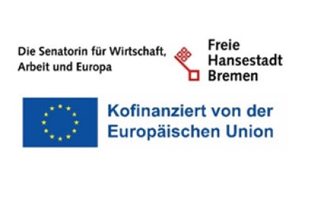Logo: Die Senatorin für Wirtschaft, Arbeit und Europa / EU-Flagge mit Schriftzug: Kofinanziert von der Europäischen Union