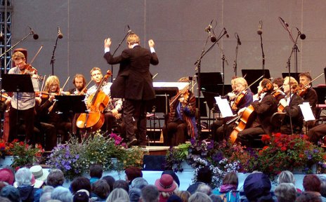 Blick durch Blätter hindurch auf eine Bühne mit einem klassischen Orchester. Davor das Publikum.