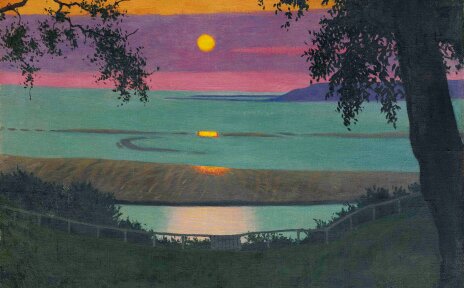 Oil painting by Félix Vallotton showing a landscape with sunset by the sea. A purple sky meets a blue sea.