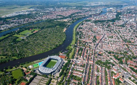 Aerial view of Bremen showing the area around the Weser Stadium and the Weser River