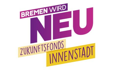 Logo des Zukunftsfonds Innenstadt mit dem Schriftzug "Bremen wird neu - Zukunftsfonds Innenstadt" in den Farben Gelb und Lila.