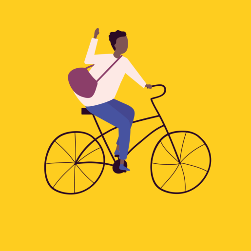 Illustrierte Frau auf dem Fahrrad vor einem gelben Hintergrund