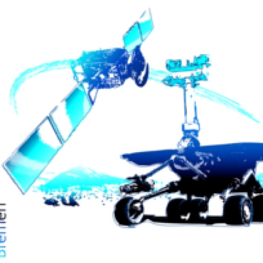 Eine Zeichnung: Ein blau gefärbter Satellit schwebt über einem blau-schwarzen Mars-Rover. Links an der Seite steht in blauer Schrift: DLR_School_Lab Bremen.