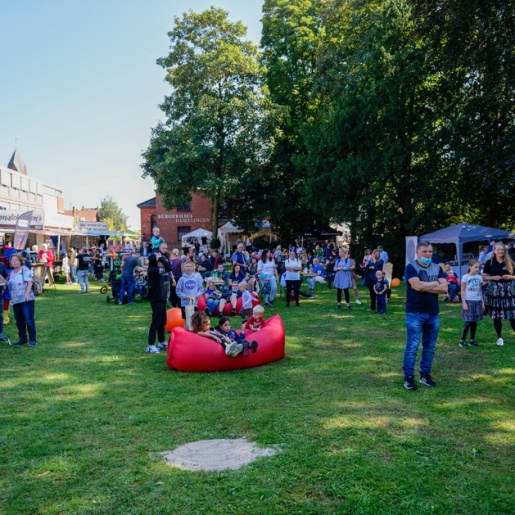 Besucher*innen des Stadtteilfests "Hemelinger Vielfalt" stehen an Tischen und sitzen auf Stühlen im grünen Gras. 