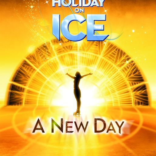Die Abbildung zeigt das Logo der neuen Show von Holiday on Ice. Vor gelbem Hintergrund ist die Silhouette einer Eiskunstläuferin zu sehen, sowie der Schriftzug: Holiday on Ice, A new day.