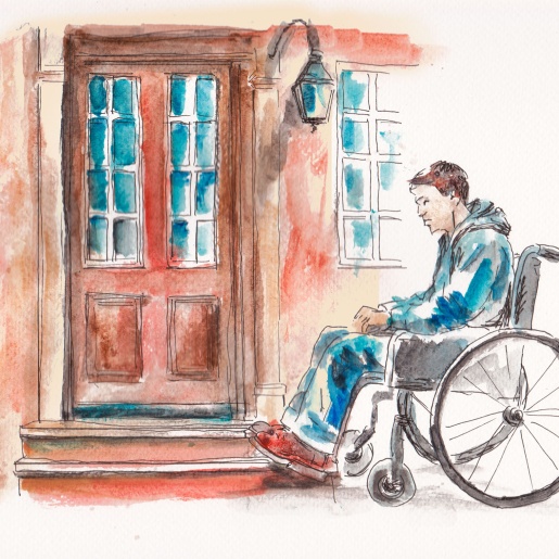 Aquarell-Zeichnung eines Mannes im Rollstuhl. Er befindet sich vor einem Hauseingang mit Stufen und schaut traurig. 