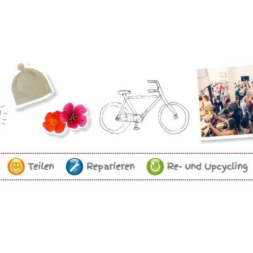 Das Logo von Konsum mit Köpfchen ist zu sehen. Daneben sind Skizzen von einem Fahrrad, einer Bohrmaschine und einer Glühbirne. 