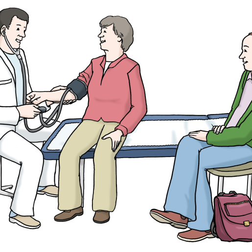 Zeichnung von einer älteren Frau in Begleitung bei einem Arzt.