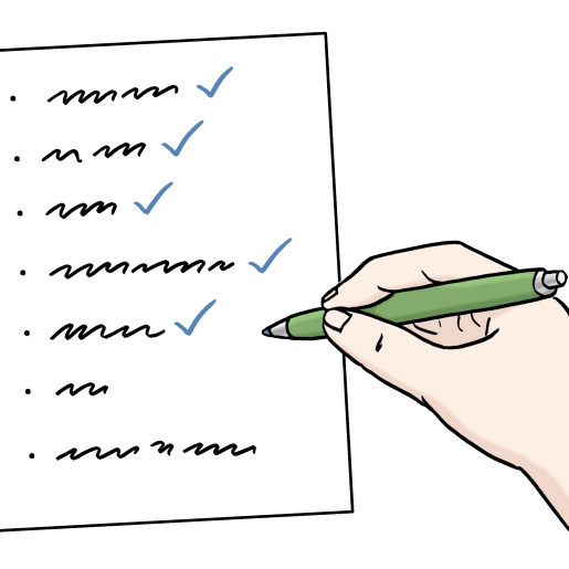 Zeichnung von einem Blatt Papier und einer Hand, die einen Stift hält und eine Liste auf dem Papier abhakt.