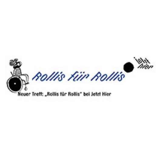 Grafik einer Person im Rollstuhl. Schriftzug: Rollis für Rollis - jetzt hier. Neuer Treff: "Rollis für Rollis" bei Jetzt Hier.