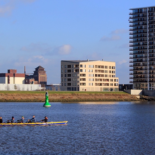 Ein Ruderboot fährt über die Weser.