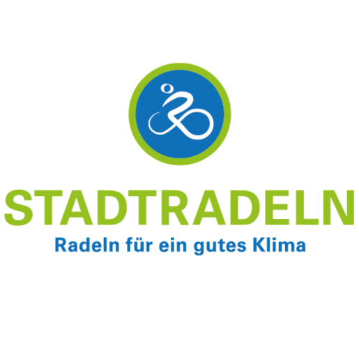 Ein blauer Kreis, in dem ein Icon eines Fahrradfahrenden zu sehen ist. Daneben steht: "STADTRADELN: Radeln für ein gutes Klima".