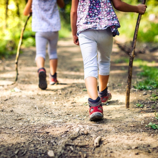 Zwei kleine Mädchen laufen mit Wanderstöcken durch einen Wald.