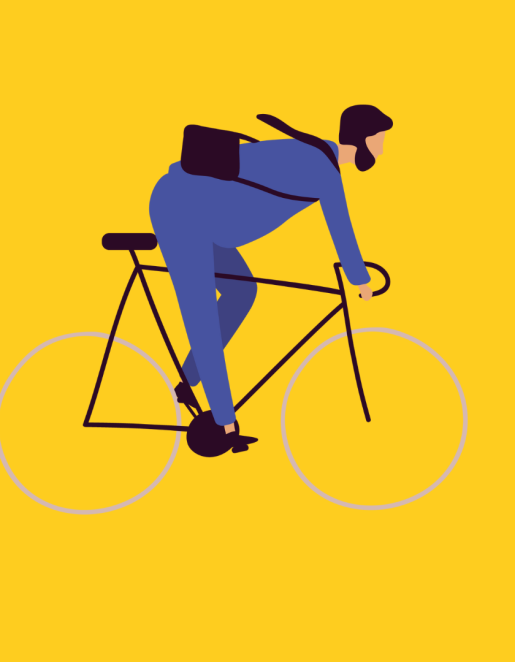 Illustrierter Mann auf dem Fahrrad vor einem gelben Hintergrund