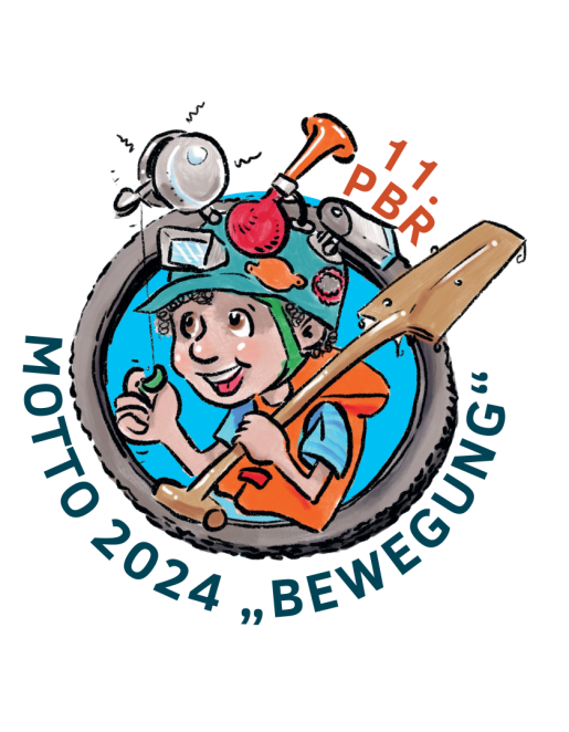 Illustration eines Kindes mit Paddel im Fahrradreifen mit der Bezeichnung Motto 2024 "Bewegung"