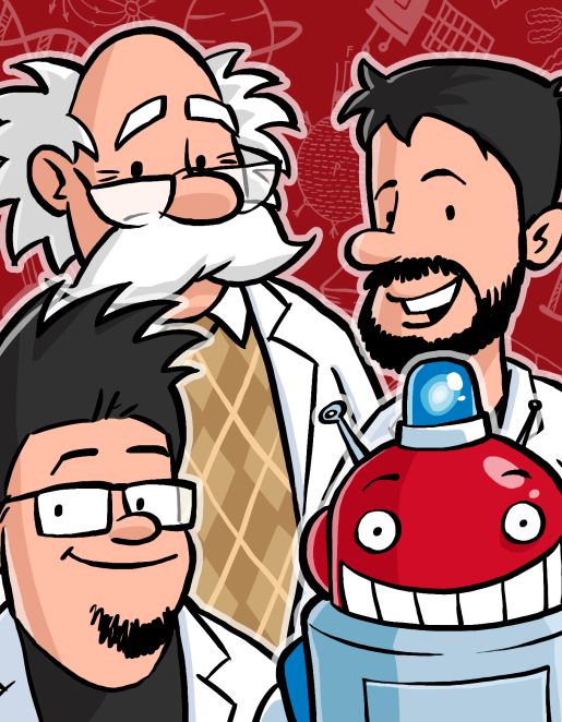 Drei Wissenschaftler als Comicfiguren mit einem Roboter