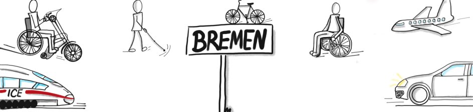 Eine Sketchnote, also eine digitale schwarz-weiß-Zeichnung, zeigt wie ein Zug, ein Handbike, ein Mann mit Langstock, ein Fahrrad, ein Flugzeug und ein Auto sich auf das Ortsschild Bremen zu bewegen.