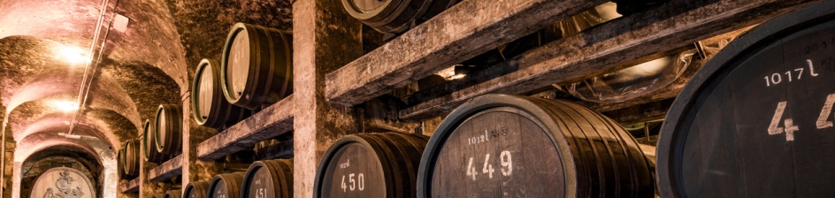 Wine barrels in a vault.