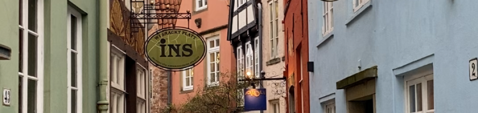 Eine Gasse mit kleinen Häusern. An einem hängt ein Schild mit der Aufschrift "ins".