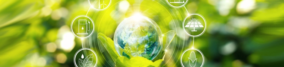 Kampagnenbild zum Starthaus Crowdfunding: Eine Hand hält grüne Blätter, in denen eine Seifenblase liegt, die einem durchsichtigen Globus ähnelt. Darum sind kreisförmig mehrere Grafiken angeordnet, die verschiedene industrielle Symbole zeigen. Der Hintergrund ist grün. 