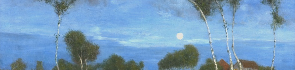 Ein Gemälde von Fritz Overbeck: Ein Feldweg mit Bäumen, der Himmel ist blau und der Mond scheint.