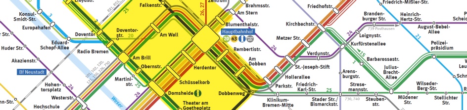 Ein Stadtplanauszug von Bremen auf dem gelbmarkiert der Geltungsbereich des ParkTiket Plus markiert ist.