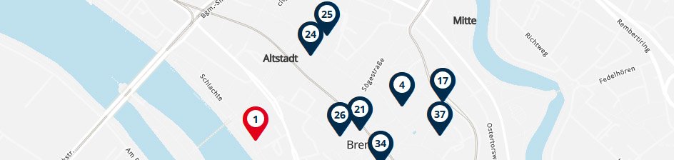Ausschnitt einer OpenStreetMap-Karte mit Standorten barrierefreier Toiletten in Bremen.