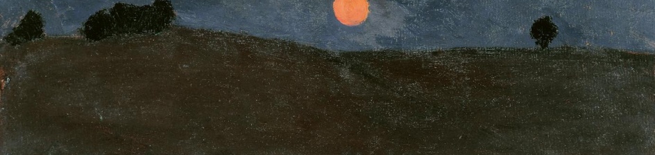 Ein gemaltes Bild zeigt einen Mond der über einem Landstrich scheint.