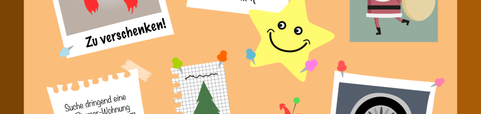 An einer gezeichneten Pinnwand hängen mehrere Zettel, auf denen verschiedene Produkte angeboten werden. 