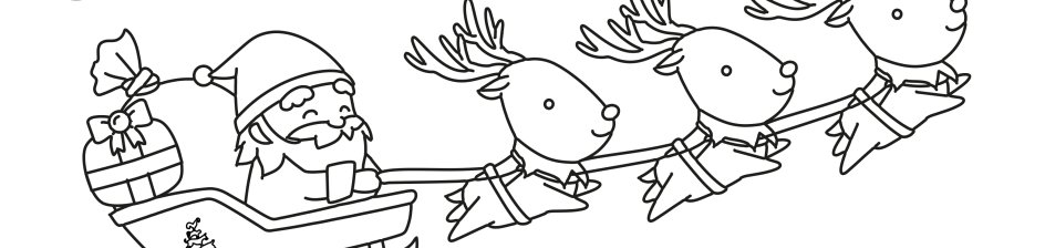 Ein Ausmalbild für Kinder mit einem Weihnachtsmann auf seinem Schlitten, der von 3 Rentieren durch die Luft gezogen wird. Drumherum einzelne kleine Geschenke und Tannenbäumchen.