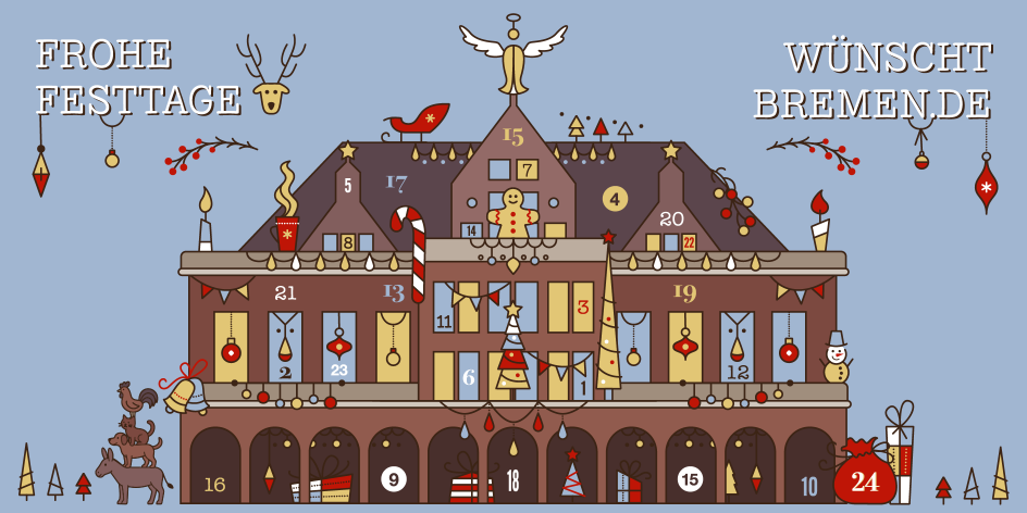 Die Grafik zeigt das Bremer Rathaus mit viel Weihnachtsdekoration, der Hintegrund ist hellblau