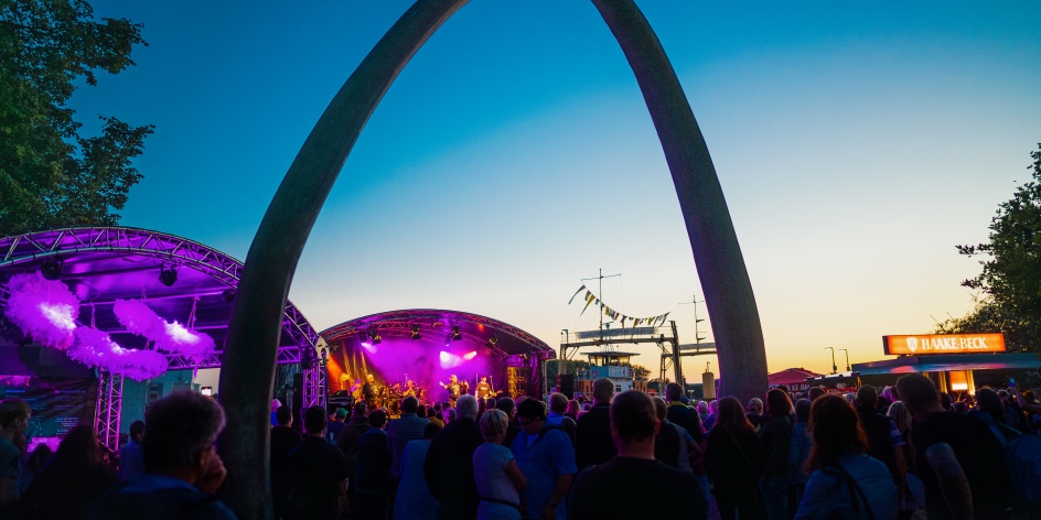 The picture shows an audience with many people watching a concert on a stage in the evening. The statue of a large whale's jaw can also be seen. 