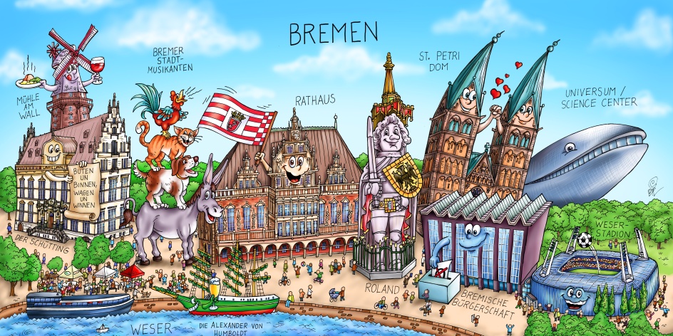 Eine Comiczeichnung der Bremer Skyline. Es sind verschiedene Sehenswürdigkeiten mit Augen zu sehen.