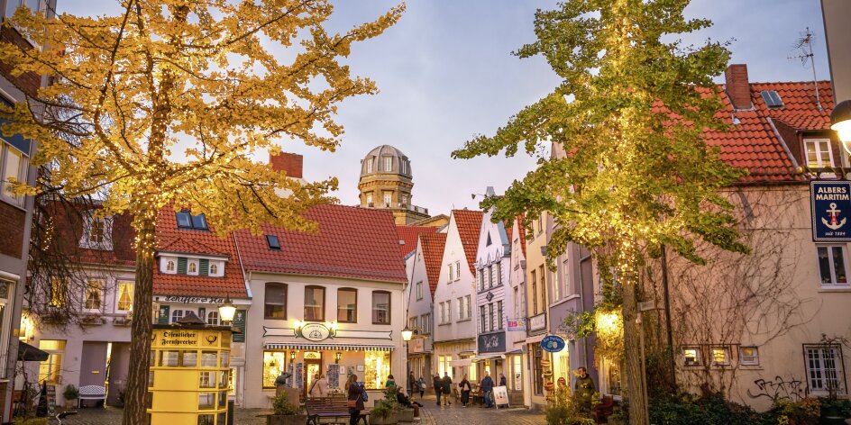 Zwei Bäume mit Herbstlaub sind mit Lichterketten beleuchtet und stehen auf einem Platz. Zwischen den Bäumen führt der Blick zu den kleinen Häuser im Schnoor. Es herrscht Abendstimmung. 