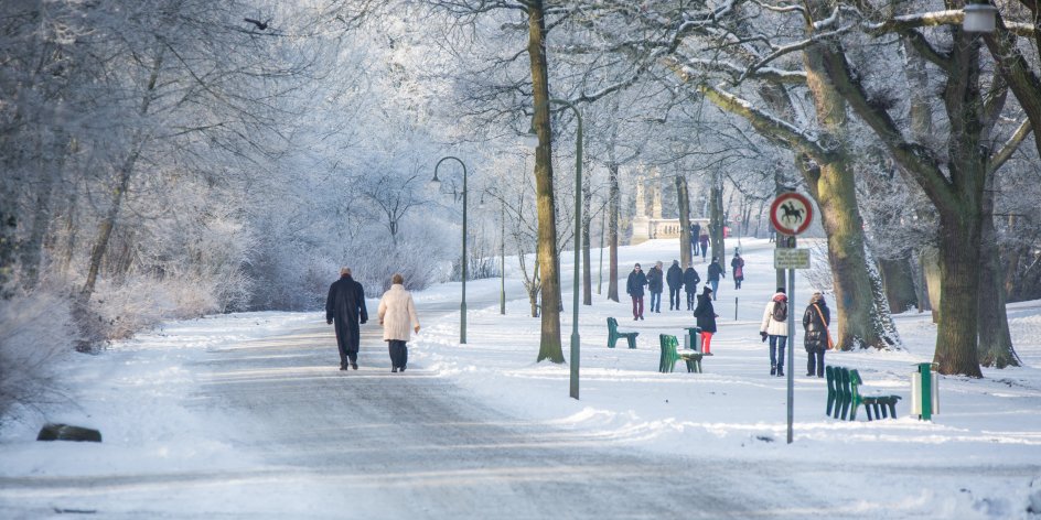 Menschen gehen bei Schnee im Bürgerpark spazieren