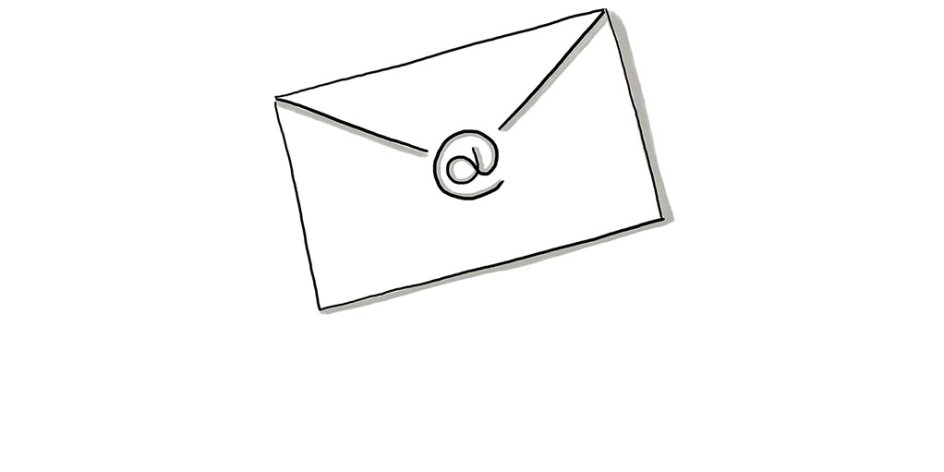 Ein gezeichneter Briefumschlag mit "@"-Zeichen.