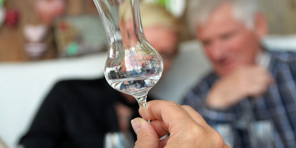 Eine Hand hält ein Schnaps-Glas empor, im Hintergrund zwei Teilnehmende eines Gin-Tastings.