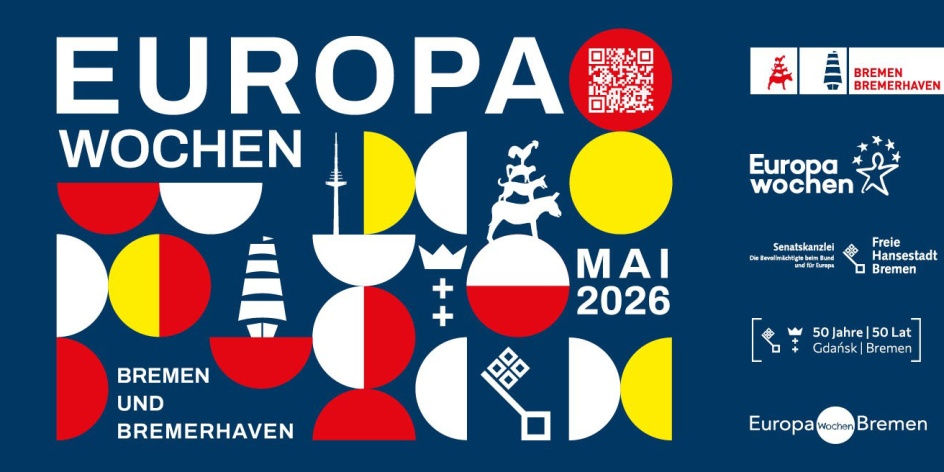 Plakat mit Grafik zum Thema: Europawochen Bremen und Bremerhaven Mai 2026