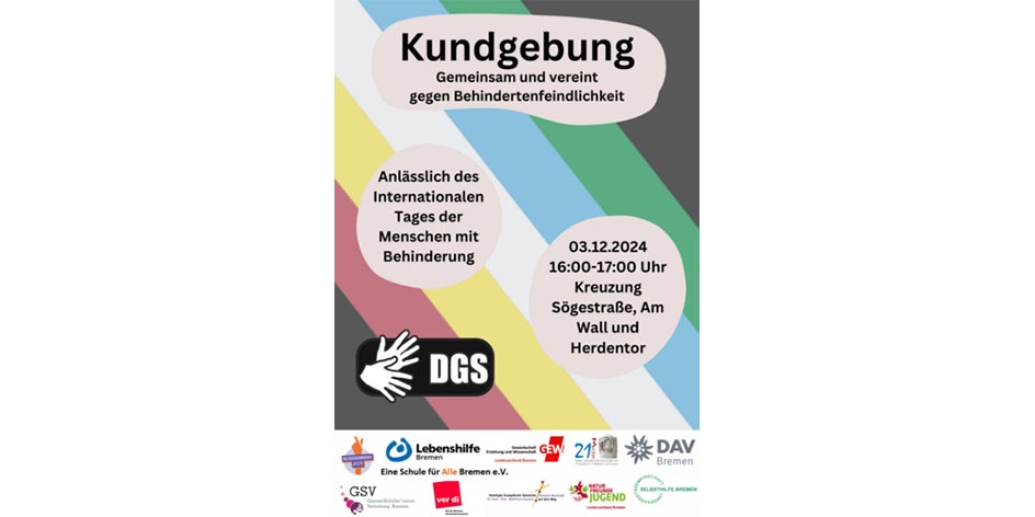 Flyer zur Kundgebung mit Schriftzug "Gemeinsam und vereint gegen Behindertenfeindlichkeit. Anlässlich des Internationalen Tages der Menschen mit Behinderung".