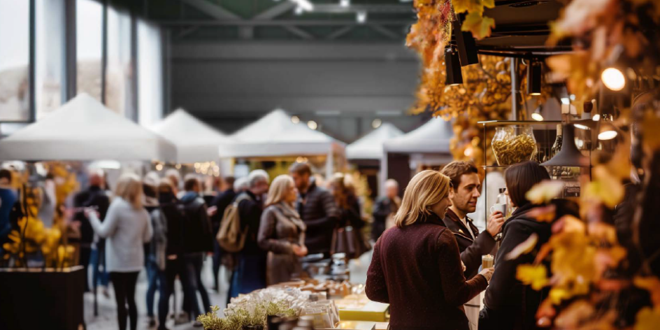 Menschen schlendern in einer Halle an Messeständen vorbei, die herbstlich dekoriert sind. 