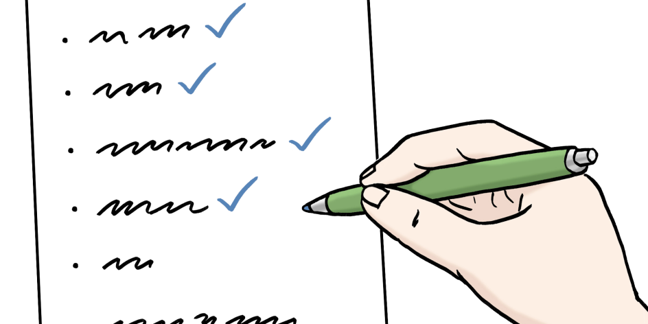 Zeichnung von einem Blatt Papier und einer Hand, die einen Stift hält und eine Liste auf dem Papier abhakt.
