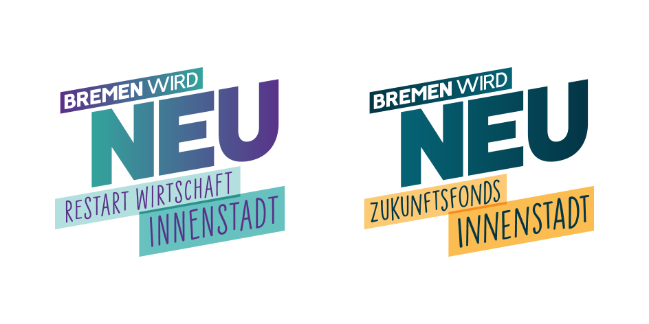 Logos mit dem Schriftzug "Zukunftsfonds Innenstadt" und "Restart Wirtschaft Innenstadt" nebeneinander in bunten Farben auf weißem Hintergrund.