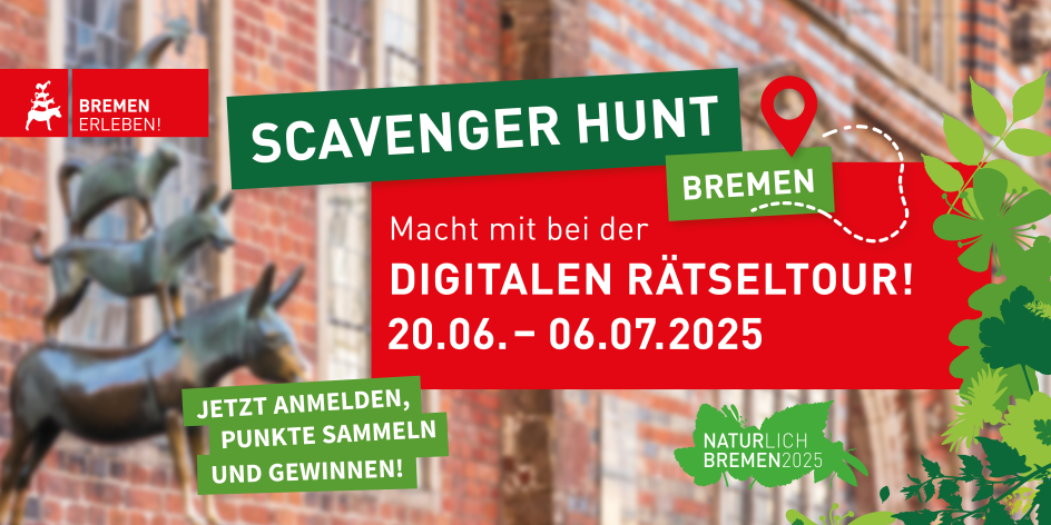 Die Stadtmusikanten sind im Hintergrund zu sehen. Im Vordergrund ist ein roter Balken mit Infos zur diesjährigen Scavenger Hunt Bremen mit Anmeldelink.