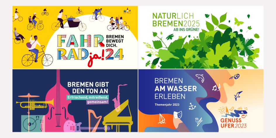 Vier Keyvisuals der Themenjahre Bremen: Sternstunden, Phänomenal, klangfrisch und Genussufer